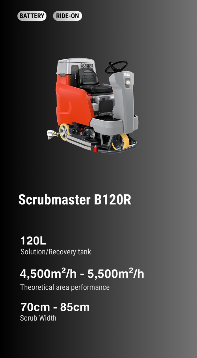 Hako Scrubmaster B120 R — 120 L ride-on battery scrubber-drier