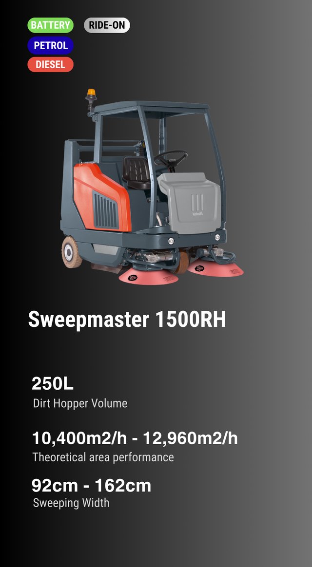 Hako Sweepmaster B1500 RH — battery ride-on sweeper with hydraulic high-dump