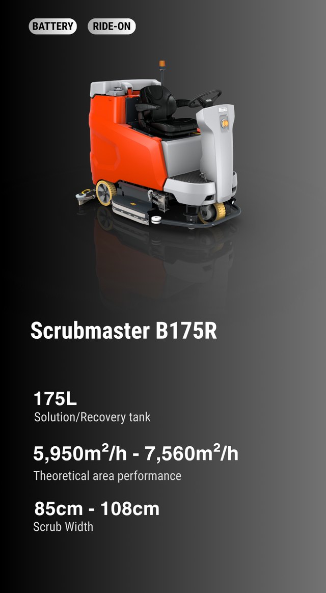 Hako Scrubmaster B175 R — 175 L ride-on battery scrubber-drier
