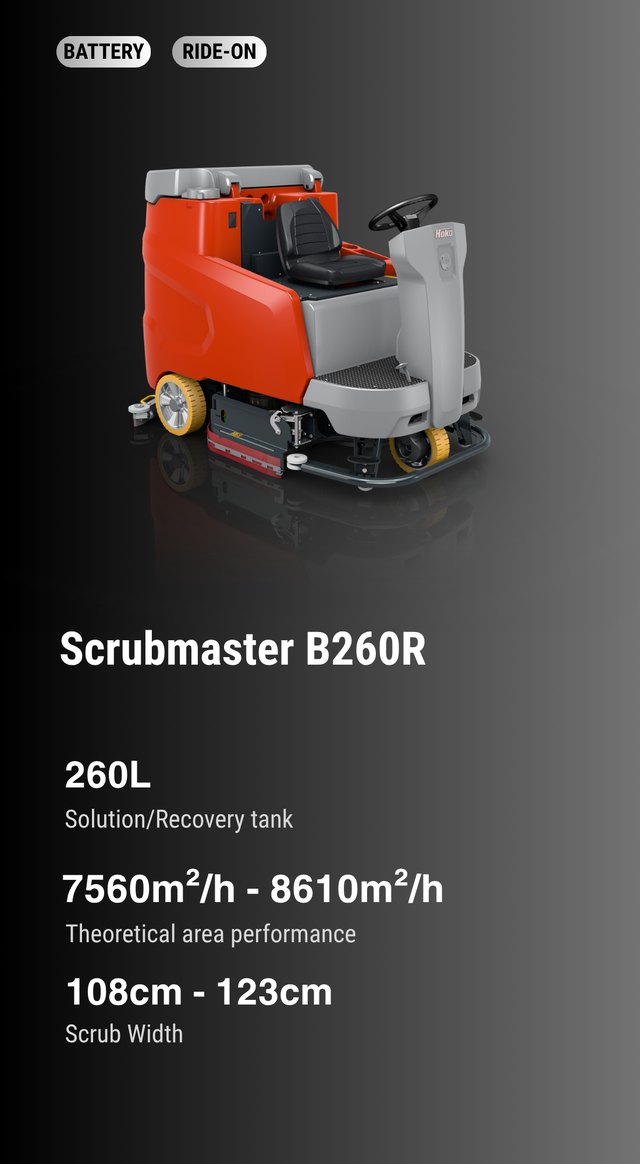 Hako Scrubmaster B260 R — 260 L ride-on battery scrubber-drier