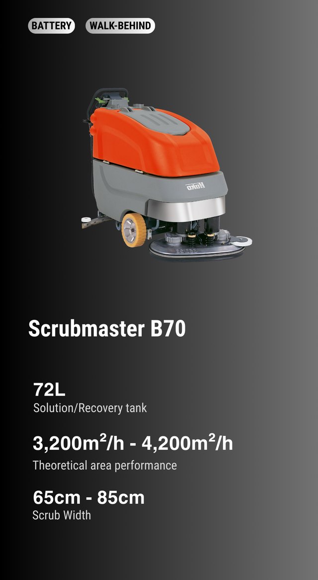 Hako Scrubmaster B70 — 70 L walk-behind battery scrubber-drier