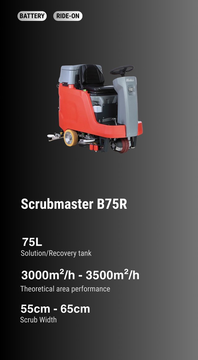 Hako Scrubmaster B75 R — 75 L ride-on battery scrubber-drier