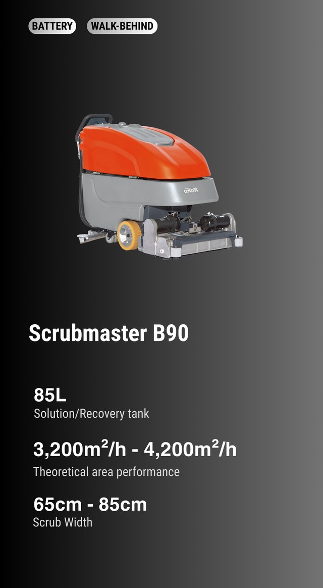 Hako Scrubmaster B90 — 90 L walk-behind battery scrubber-drier