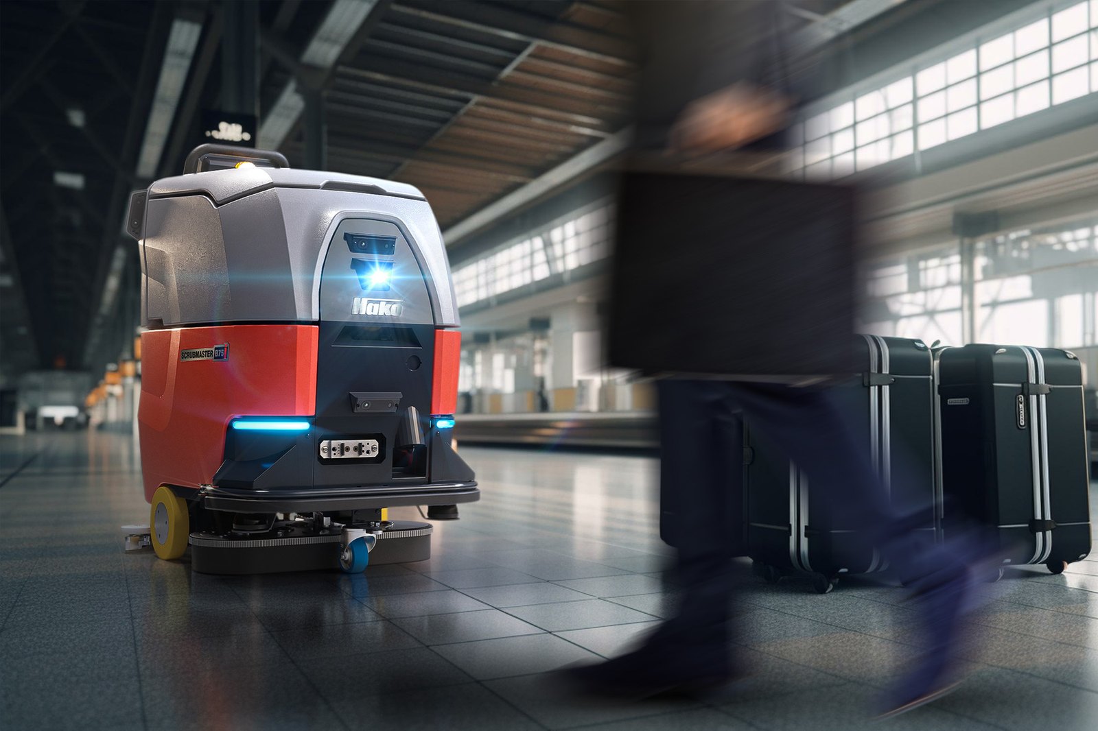 Hako Scrubmaster scrubber-drier cleaning an airport terminal floor