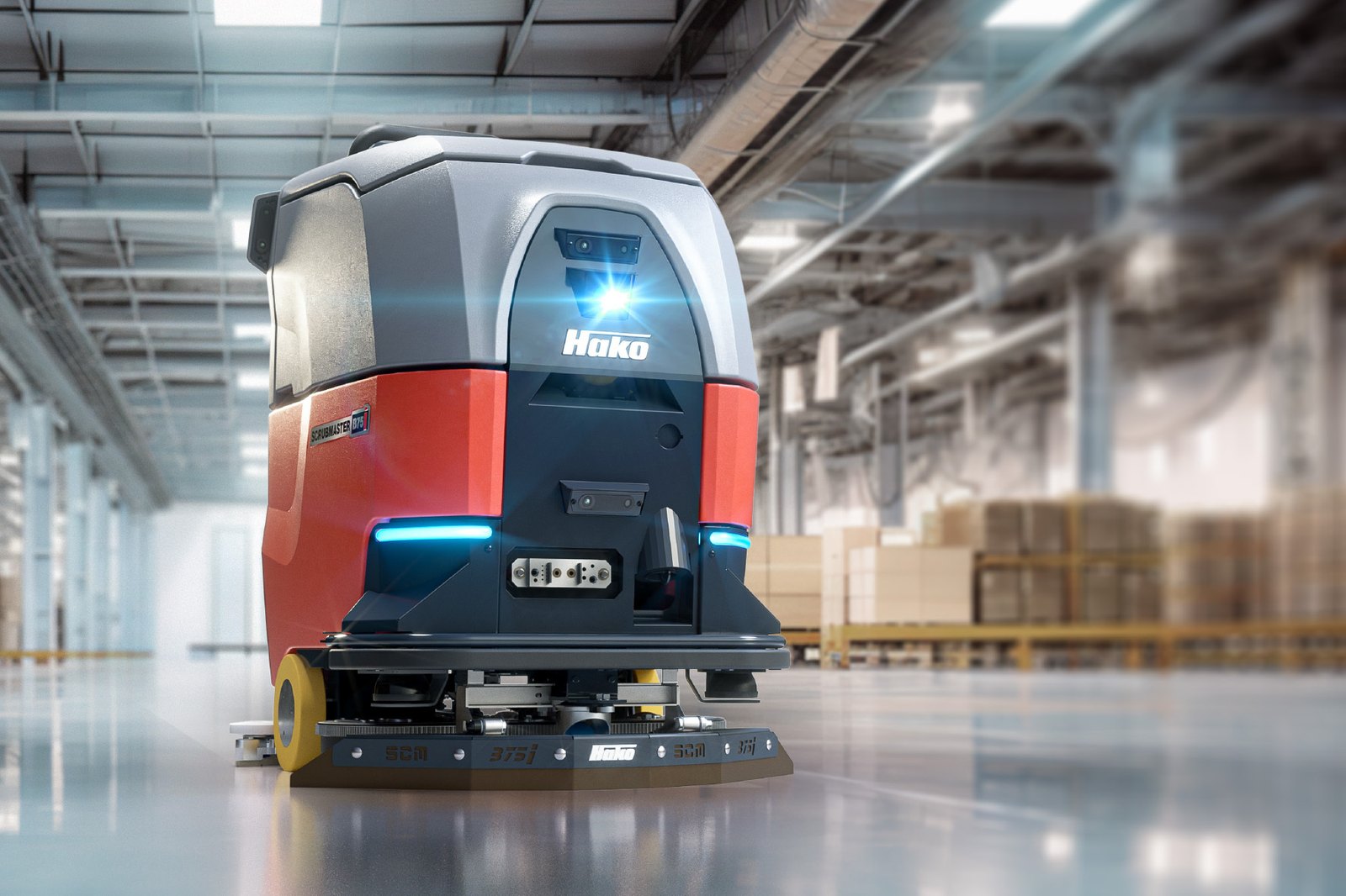 Hako Scrubmaster B75i autonomous scrubber-drier working in a logistics warehouse